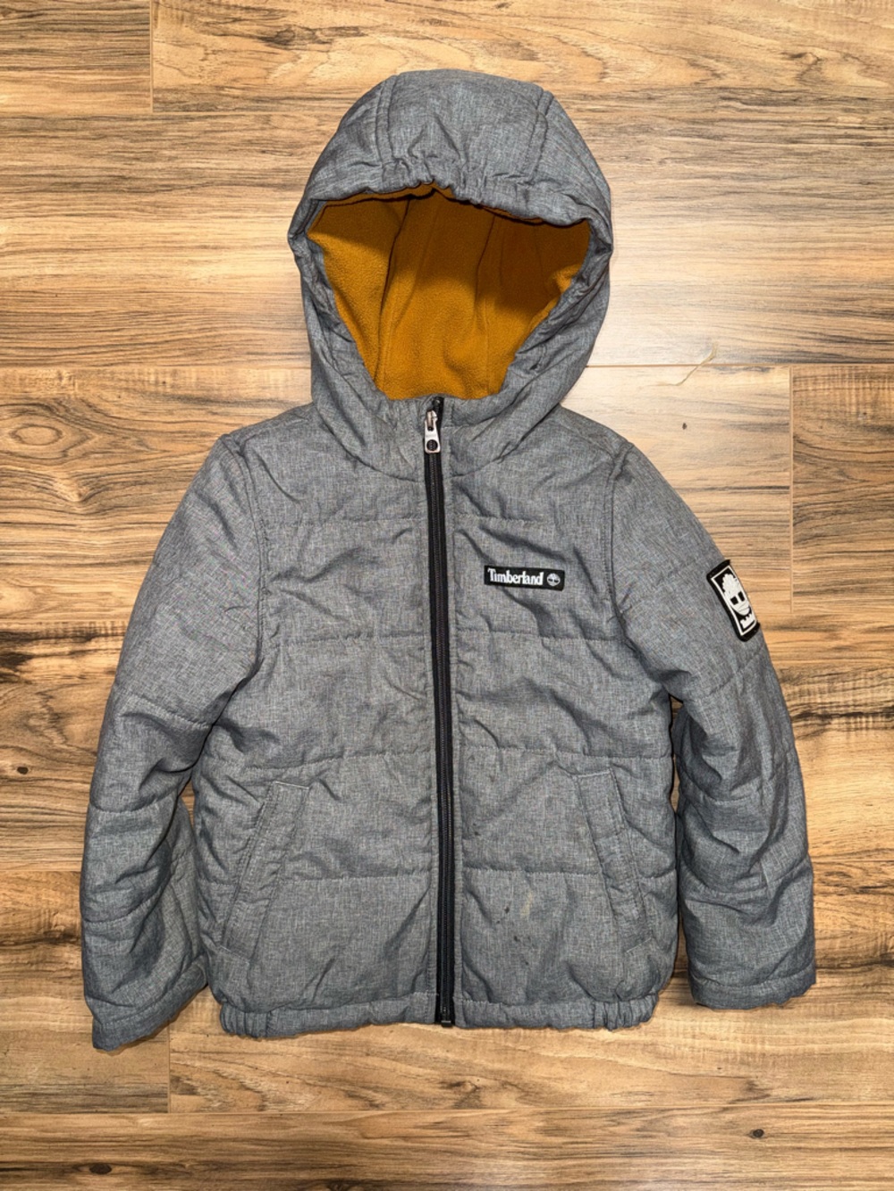 Boys Timberland Gray Hooded Puffer Jacket with Mustard Lining